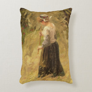 Ein Mädchen, das Heu, 19. Jahrhundert erntet Zierkissen