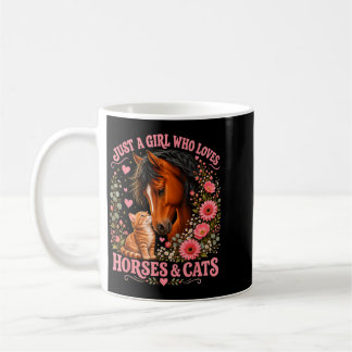 Ein Mädchen, das Pferde und Katzen liebt, florales Kaffeetasse