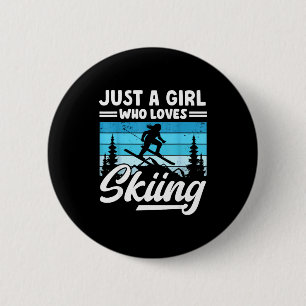 Ein Mädchen, das Skifahren liebt, macht Winterspor Button