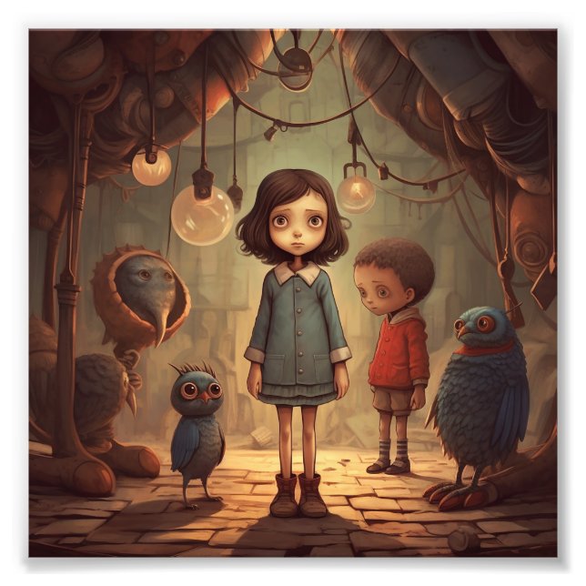 Ein Mädchen in blauem Kleid steht mit Junge Fotodruck (Vorne)