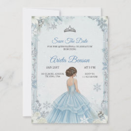 Ein Mädchen in einem blauen Ballkleid auf einem fl Einladung
