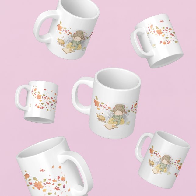 Ein Mädchen mit einer Tasse Tee und fliegenden Blä (Von Creator hochgeladen)