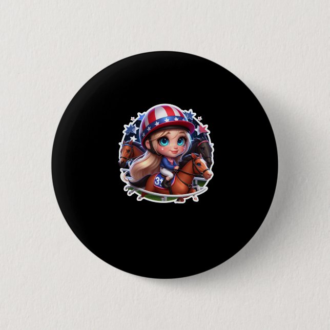 Ein Mädchen mit Pferderennen Sport. Aufkleber Button (Vorderseite)