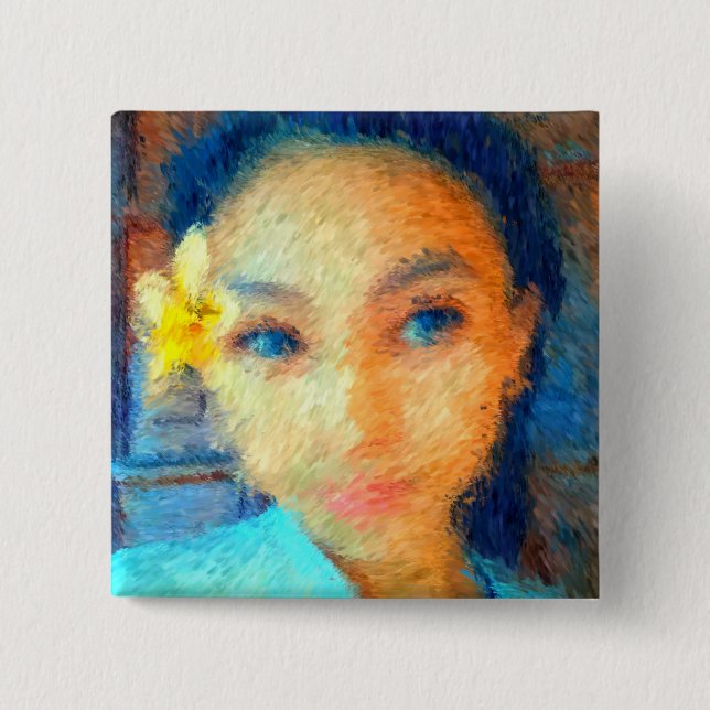 Ein Mädchen mit Plumeria-Blume - Impressionist Button (Vorderseite)