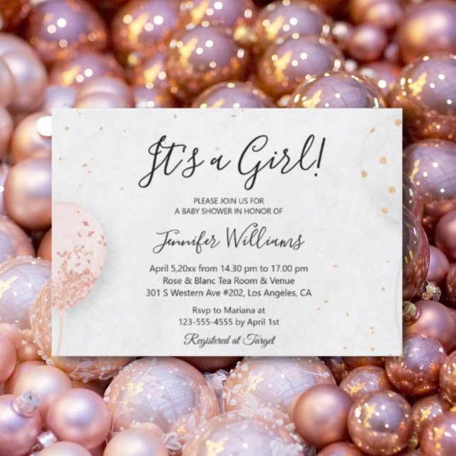 ein Mädchen, rosa Ballons minimalistische Babydusc Einladung (Von Creator hochgeladen)