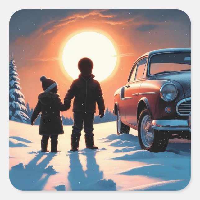 Ein Mädchen und ein Junge, der den Sonnenuntergang Quadratischer Aufkleber (Vorderseite)