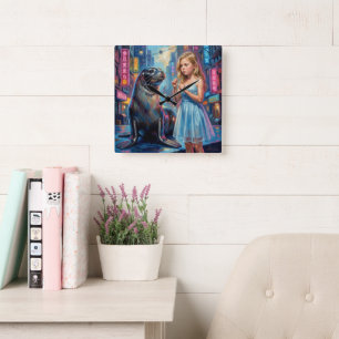 Ein Mädchen und ein Seehund. Quadratische Wanduhr