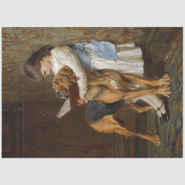 Ein Mädchen und ihr Hund lesen decouptes Papier (Vorderseite)