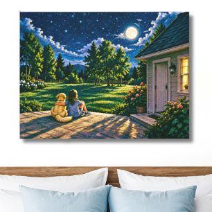 Ein Mädchen und ihr Hund unter dem Mond Leinwanddruck