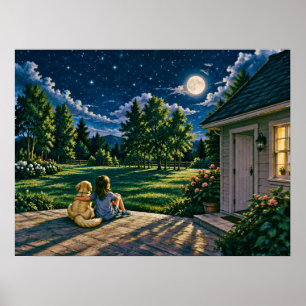 Ein Mädchen und ihr Hund unter dem Mond Poster