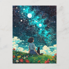 ein Mädchen und ihre Katze sitzen zusammen auf ein Postkarte