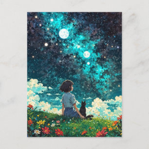 ein Mädchen und ihre Katze sitzen zusammen auf ein Postkarte