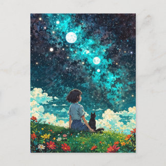 ein Mädchen und ihre Katze sitzen zusammen auf ein Postkarte