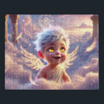 Ein magischer, vom Himmel berührter kleiner Junge Puzzle<br><div class="desc">Ein kleiner Junge mit windgeflügelten weißen Haaren und goldenen Augen,  die leicht mit Himmelsmagie leuchten. Winzige Flügel aus dem Rücken und seine Aura-Glitzern mit Windströmen. Er schwimmt leicht über dem Boden und kichert,  umgeben von driftenden Federn und glühenden Glyphen in einer hellen Kammer über den Wolken.</div>