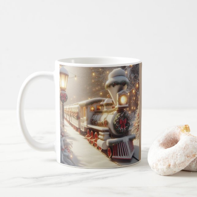 Ein magischer Winter Wonderland Weihnachtszug Kaffeetasse (Mit Donut)