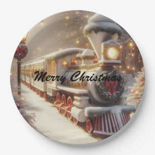 Ein magischer Winter Wonderland Weihnachtszug Pappteller