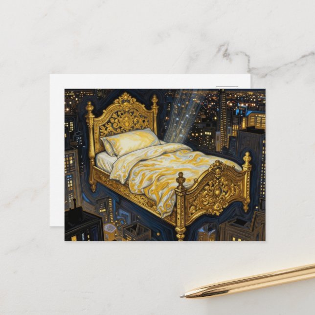 Ein magisches Bett über der Stadt Fantasy Postkarte (Vorderseite/Rückseite Beispiel)
