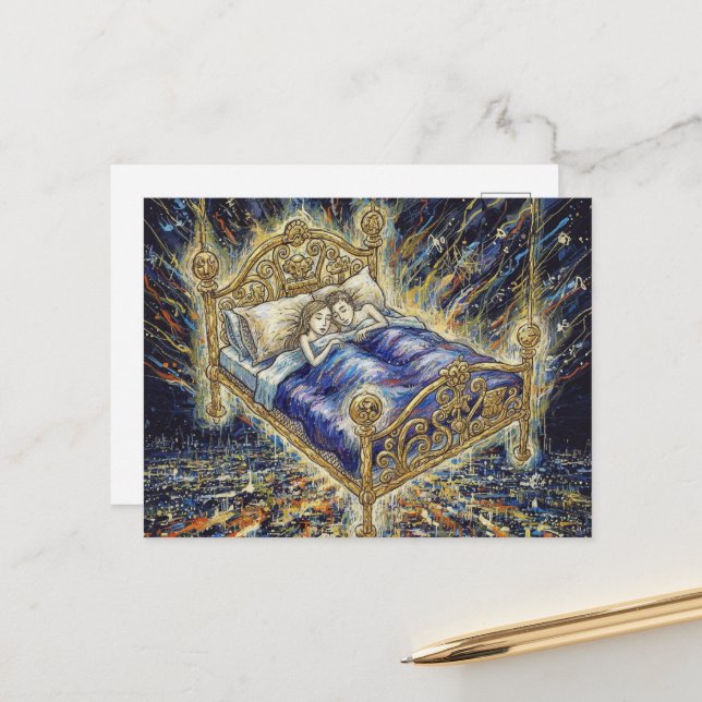 Ein magisches Bett über der Stadt Fantasy schlafen Postkarte (Vorderseite/Rückseite Beispiel)