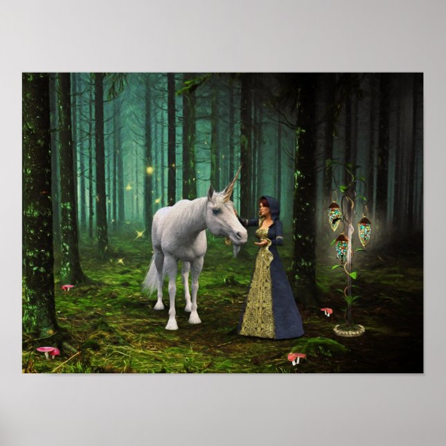 Ein magisches Meeting - Einhorn Fantasy Art Print Poster (Vorne)