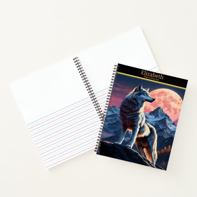 Ein majestätischer Wolf, der auf dem glühenden Vol Notizbuch (Innenseite)
