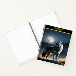 Ein majestätischer Wolf heult am hellen Mondschein Notizbuch