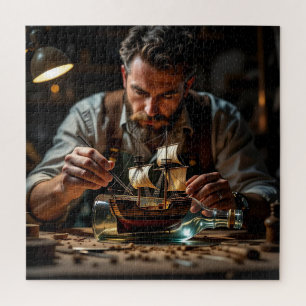 Ein Mann, der ein Schiff in einer Flasche baut Puzzle