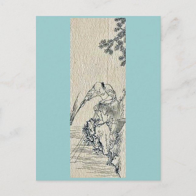 Ein Mann, der vom Ufer eines Flusses Ukiyo-e fisch Postkarte (Vorderseite)