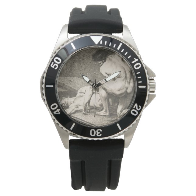 Ein Mann hebt die Legen eines anderen Mannes Armbanduhr (Vorderseite)