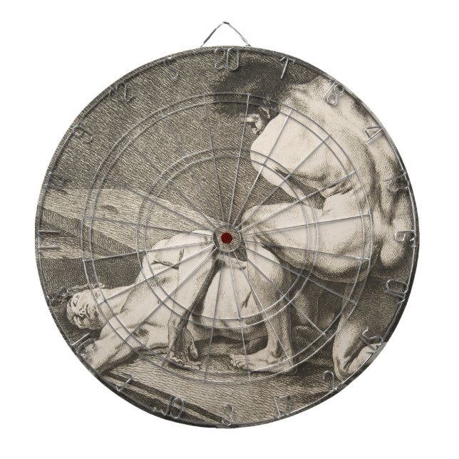 Ein Mann hebt die Legen eines anderen Mannes Dartscheibe (vorne)