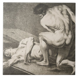 Ein Mann hebt die Legen eines anderen Mannes Fliese