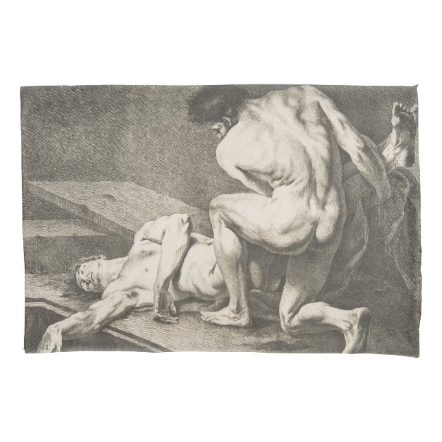 Ein Mann hebt die Legen eines anderen Mannes Kissenbezug (Vorderseite-Links)