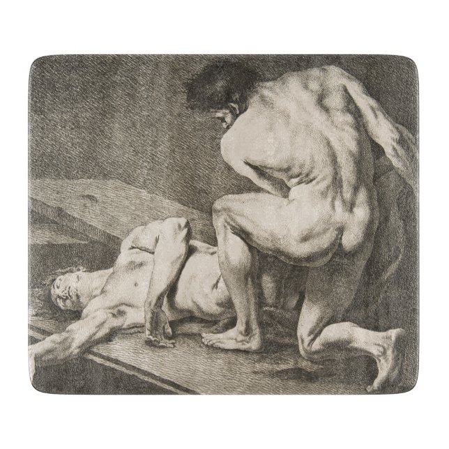 Ein Mann hebt die Legen eines anderen Mannes Schneidebrett (Vorderseite)