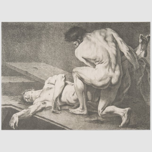 Ein Mann hebt die Legen eines anderen Mannes Seidenpapier (Vorderseite)