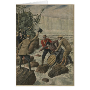 Ein Mann in einem Fass, welches das Niagara Falls