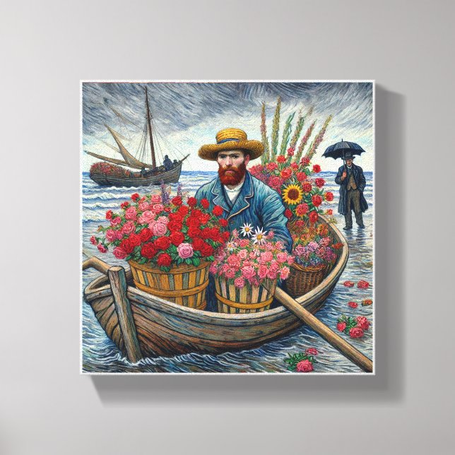 Ein Mann in einem kleinen Holzboot Van Gogh Art Leinwanddruck (Vorderseite)