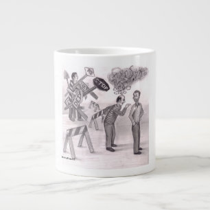 Ein Mann wütend zeigt mit dem Finger auf einen and Jumbo-Tasse