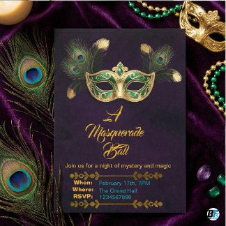 Ein Maskenball Pfau Gold Smaragd Einladung