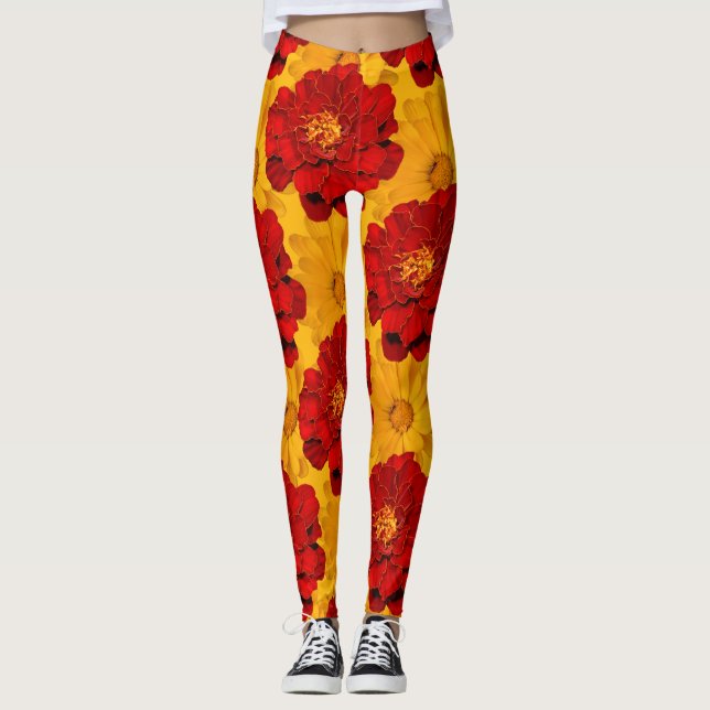Ein Medley aus Rot und Gelb-Marigolds Leggings (Vorderseite)