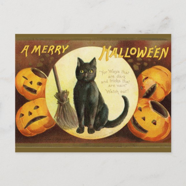 Ein Merry Hallowe'en Black Cat Pumpkins Vintag Postkarte (Vorderseite)