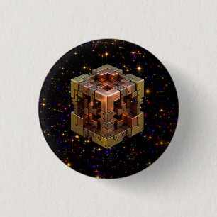 Ein metallischer Fraktalwürfel mit farbigen Sterne Button