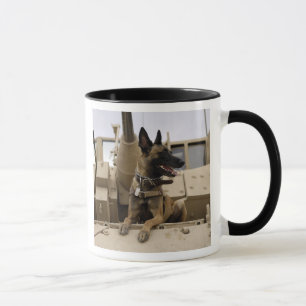 Ein Militärfunktionshund sitzt auf einem M2A3 Tasse