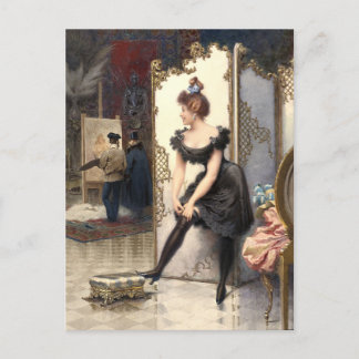 Ein Modell, das ihr Strumpfband im Atelier eines K Postkarte