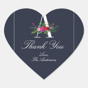 Ein modernes, blaues, florales Hochzeitsmonogramm  Herz-Aufkleber