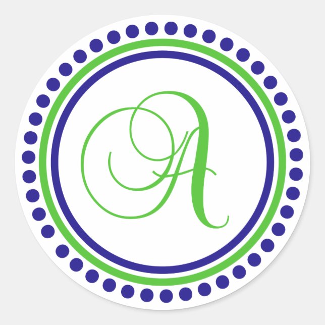 Ein Monogramm (Navy Blue / Lime Green Dot Circle) Runder Aufkleber (Vorderseite)