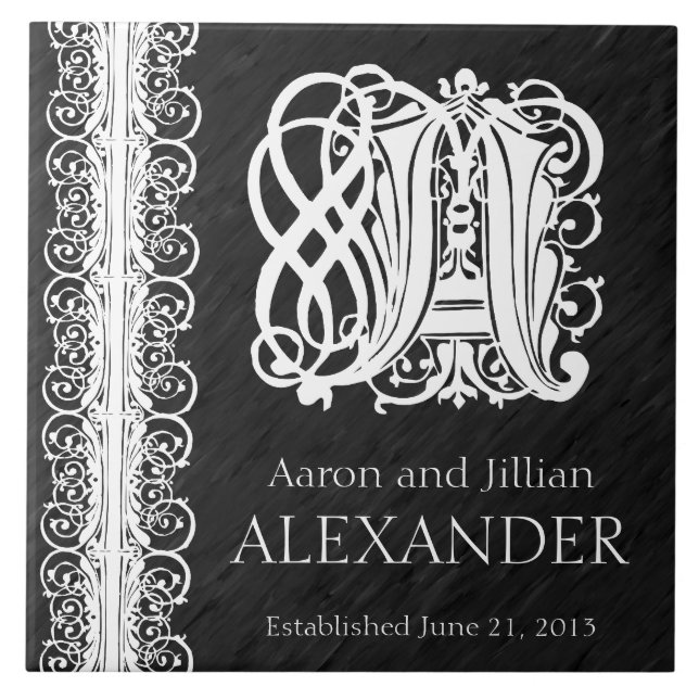 Ein Monogramm "Weiße Spitzen auf Schwarz" Hochzeit Fliese (Vorderseite)