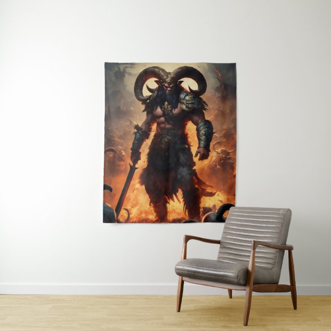 Ein Monsterkrieger mit dem Kopf eines Widders Wandteppich (Beispiel)