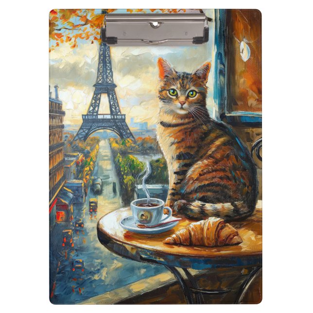 Ein Morgen in Paris | Getigelte Katze im Café Klemmbrett (Vorderseite)