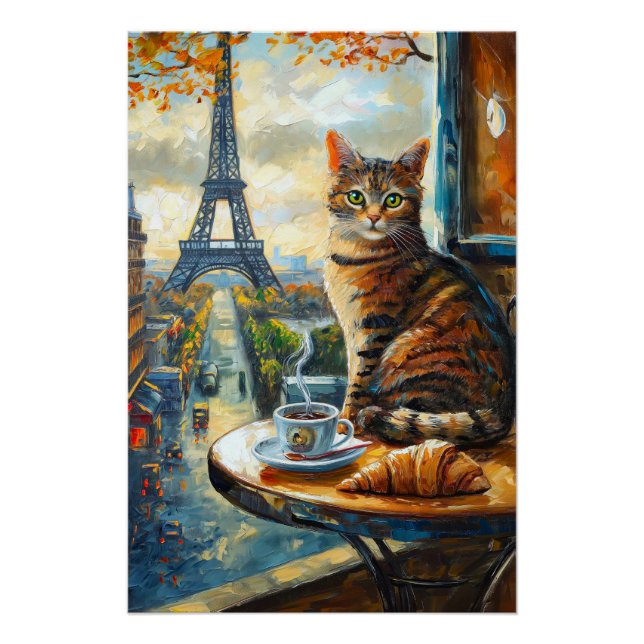 Ein Morgen in Paris | Getigelte Katze im Café Poster (Vorderseite)