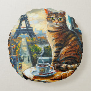Ein Morgen in Paris Getigelte Katze im Café Rundes Kissen