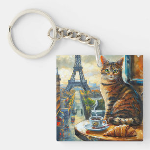 Ein Morgen in Paris Getigelte Katze im Café Schlüsselanhänger